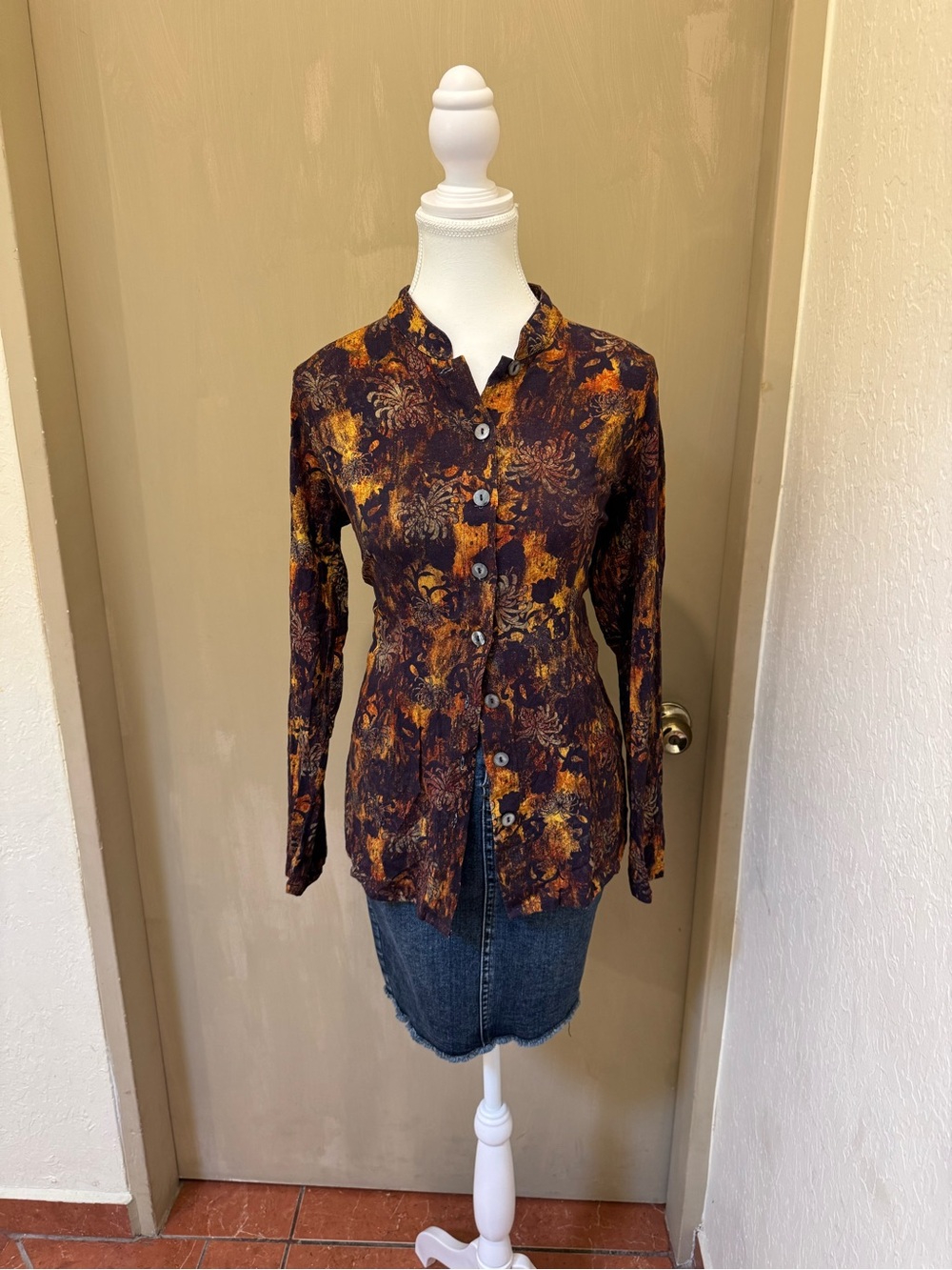 Blue Sky Vintage Floral Button Up Blouse Brown Gold Cottagecore Y2K Size M